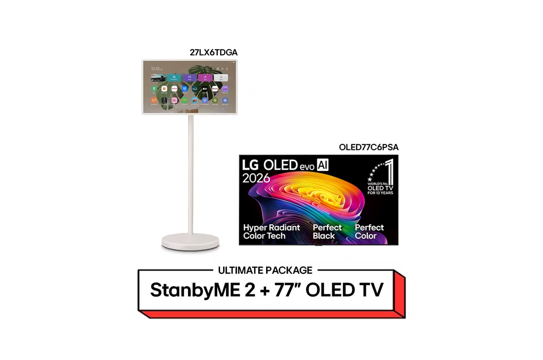 Tampilan depan LG OLED evo AI C6, dirilis tahun 2026, menampilkan gambar bentuk berlapis warna-warni, menghadirkan Teknologi Hyper Radiant Color, Perfect Black & Perfect Color, bersama dengan logo OLED TV No.1 di Dunia selama 13 Tahun.